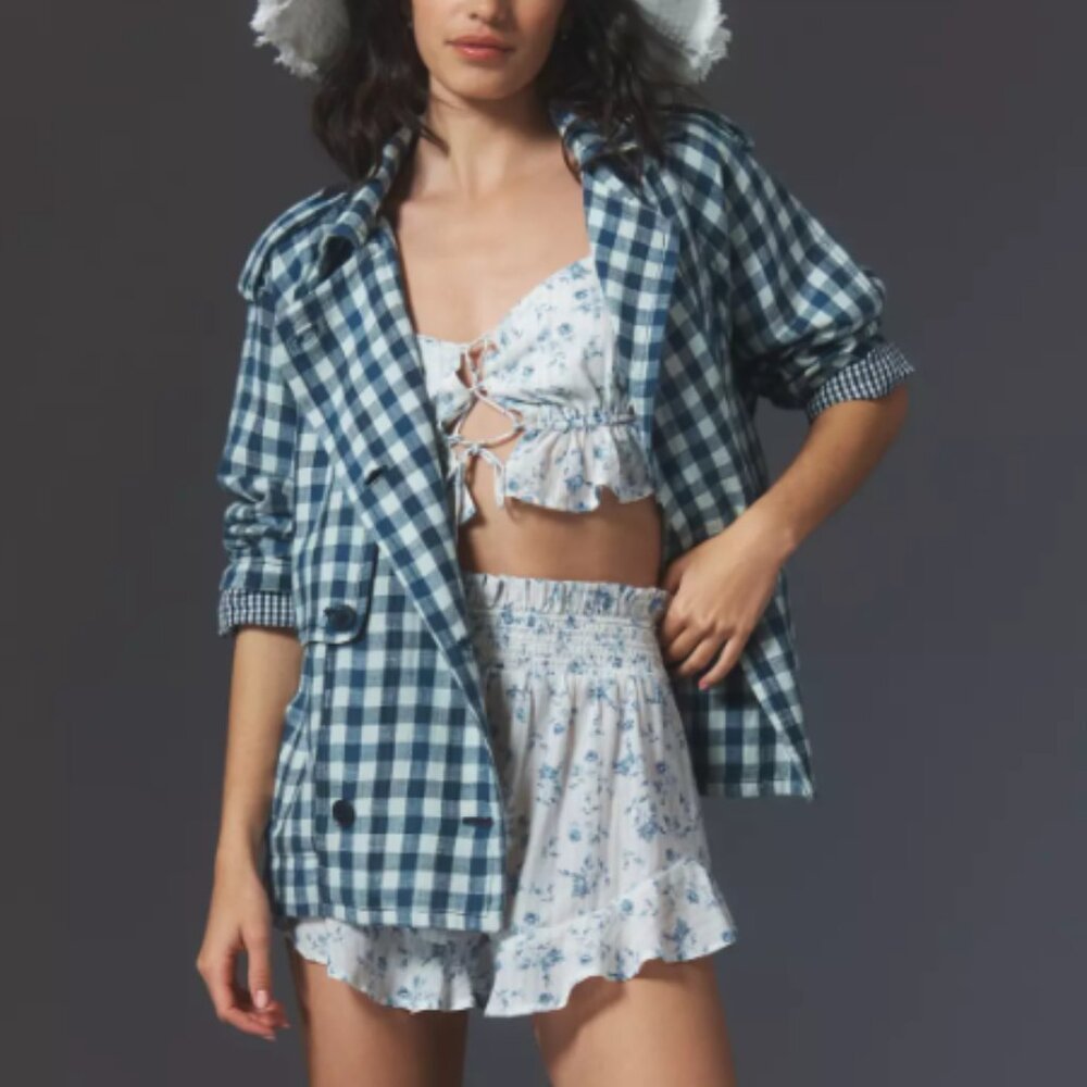 By Anthropologie Blue Gingham Trench Coat 100% Cotton Contrast Chic Sz. XS
